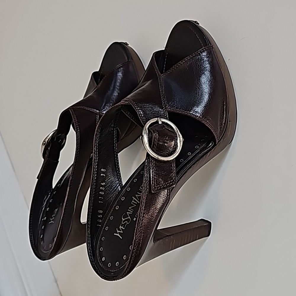 Y2K Yves Saint Laurent  Vintage Wood  heel sandals in dark brown color - Picture 2 of 9